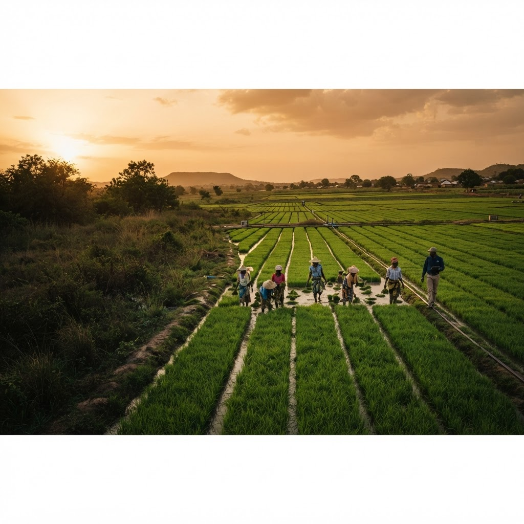 Large commercial farm in Nigeria at golden hour